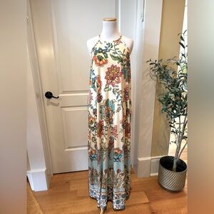 Floral Halter Maxi Dress Sz M Boho Feminine Resort Vacation Tropical